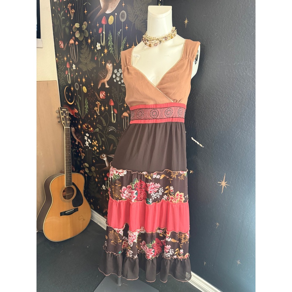 Signature by Robbie Bee Brown Floral Tiered Boho Maxi Dress Size 14 Sleeveless